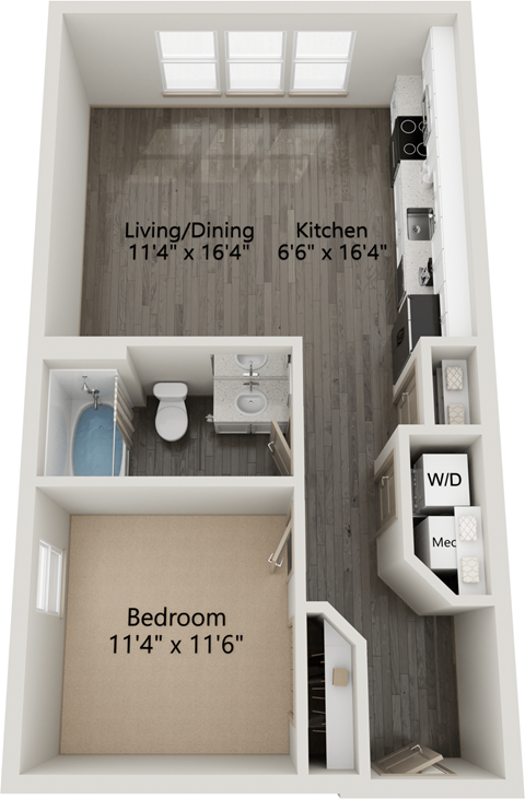 Floor plan for 1 bed, 1 bath, 655 sqft